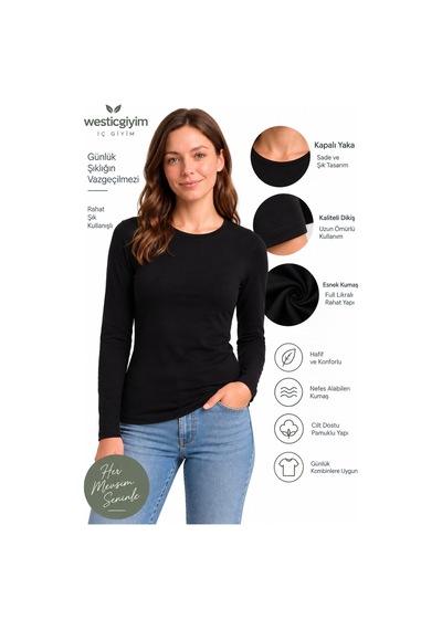 Westicgiyim Kadın Siyah Uzun Kollu Basic T-shirt Kapalı Bisiklet Yaka Full Likralı Esnek Pamuklu