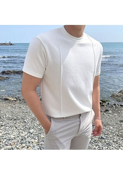 Tarz Cool Yuvarlak Yaka 2 Çizgili Triko T-shirt Beyaz