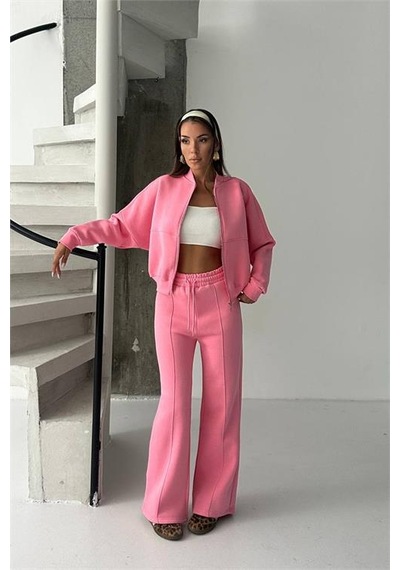 Neşeli Butik Kadın 3 İplik Şardonlu Oversize Eşofman Takımı Nbg105 Pembe