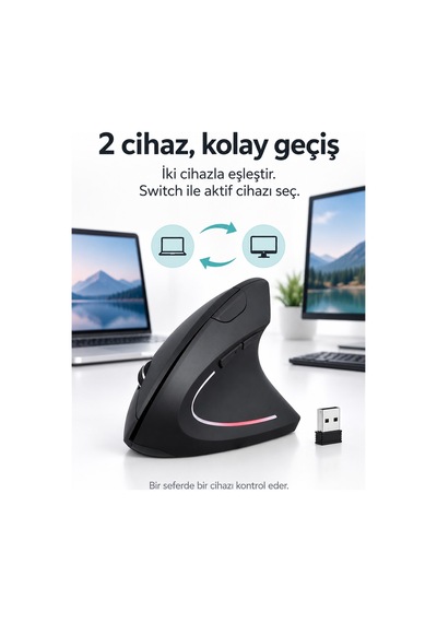 Sessiz Click Kablosuz Ergonomik Dikey Mouse Bluetooth 2.4 Ghz Usb Çift Cihaz Geçişli Dpi -