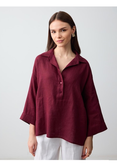 Jimmy Key Jimmy Key Bordo %100 Keten Rahat Kesim Truvakar Kol Gömlek Yaka Bluz 6sw036632562