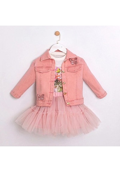 Ministok Butterfly Kız Çocuk Ceket Tütü Etek T-shirt 3'lü Takım Pembe