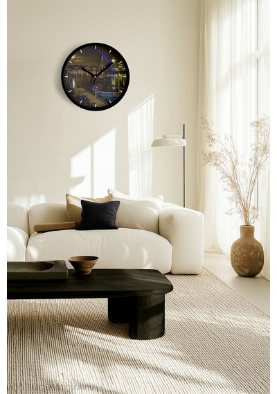 Şehir Manzara Temalı Modern Duvar Saati - 25cm - Önü Camlı Siyah Kasa - Sessiz Mekanizma-jh0703 Siyah