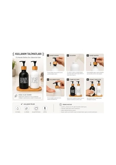 2 Li Hands & Dishes Siyah Beyaz Cam Sabunluk Seti Modern Minimalist Tasarım, 500 Ml Kapasiteli, Bambu Standlı Dekoratif Mutfak & Banyo Sıvı Sabunluk Dispenser Seti 12 Izgara
