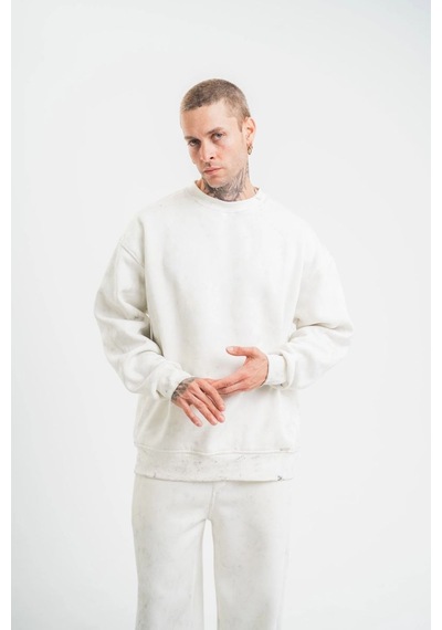 Erkek 3 İplik Pamuklu Bisiklet Yaka Yıkamalı Sweatshirt - Beyaz