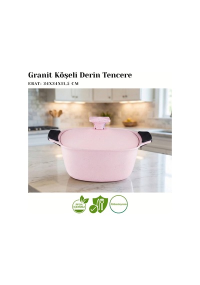 9 Parça Kare Granit Set Alüminyum Kapak - Pembe Pembe
