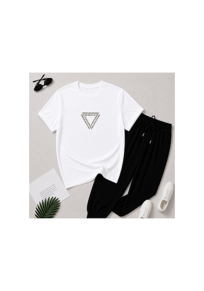 Herkesemoda Yazı Baskı Detaylı T-shirt Eşofman Takımı Beyaz