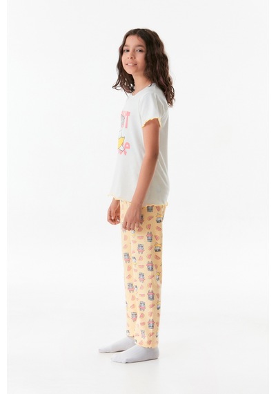 Fullamoda Kedi Baskılı Bisiklet Yaka Kız Çocuk Pijama Takımı 24mıcg631212273-beyaz 24MICG631212273-Beyaz