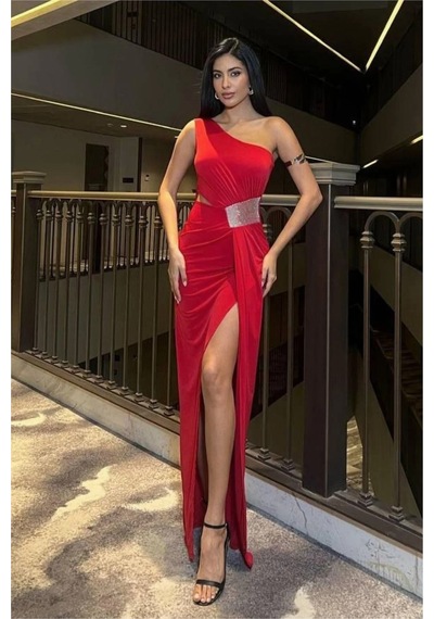 Sandy Kumaş Abiye Omuz Tek Kesim Balık Elbise Kırmızı