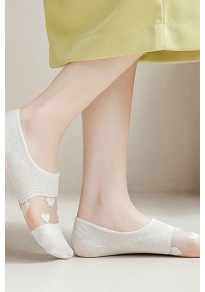 Hitit Socks Kadın 5 Çift Premium Kalite Kalp Desenli Tül Çorap Beyaz ASORTİ