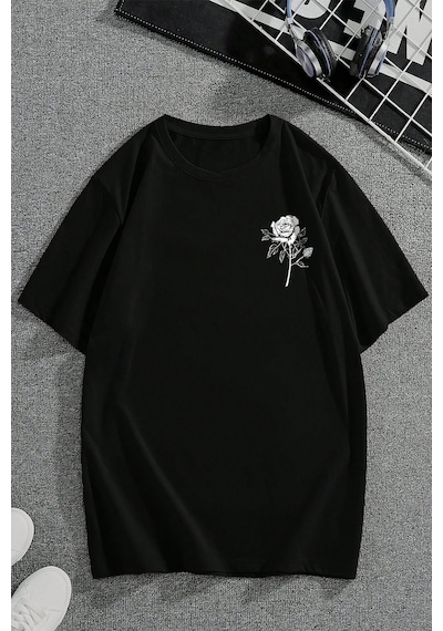 Nature Blossom Baskılı Unisex Oversize Tshirt Siyah