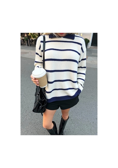 Meecy Selanik Örgü Polo Yaka Oversize Zr Model Kadın Triko Kazak Bej & Lacivert Bej & Lacivert Meecy Selanik Örgü Polo Yaka Oversize Zr Model Kadın Triko Kazak Bej & Lacivert Bej & Lacivert
