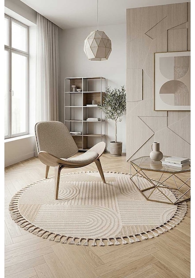 Frenda Home Oslo Pinterest İskandinav Desenli Yuvarlak Halı 19481 Bej
