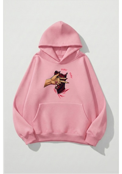 Uyguntarz Unisex Yumuşak Dokulu Hav Hav Baskılı Tasarım Oversize 3 İplik Hoodie Sweatshirt Pembe