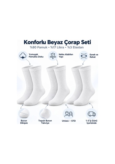 Teorastore Unisex Basic Siyah Beyaz Soket Çorap 6'lı Set Kadın Erkek Spor Günlük Uzun Ribanalı Rahat Çorap Set Çok Renkli