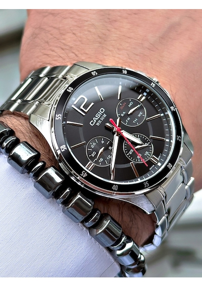 Casio Gümüş Renk Siyah Kadran Çelik Kordon   Fonksiyonlu Erkek Kol Saati + Bileklik Hediyeli Nda94