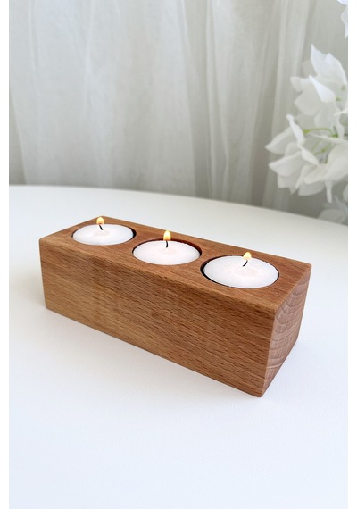 3'lü Ahşap Mumluk - 15x6x5 Cm - Doğal Kayın Ağacı Dekoratif Hediyelik Açık Renk Ahşap