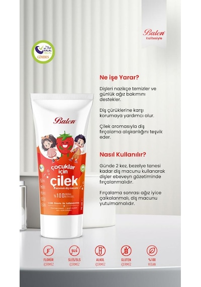 Balen Çocuklar İçin Doğal Çilek Özlü Diş Macunu 75 Ml