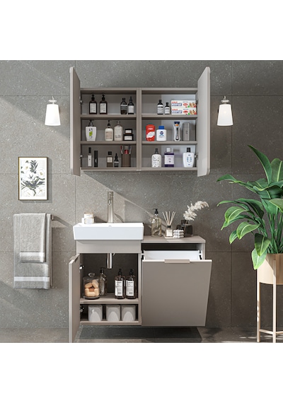 Dubai Sepetli Mdflam Banyo Dolabı, Lavabolu Banyo Alt Dolabı + Aynalı Banyo Üst Dolabı Takımı Kumtaşı Dubai Sepetli Mdflam Banyo Dolabı, Lavabolu Banyo Alt Dolabı + Aynalı Banyo Üst Dolabı Takımı Kumtaşı