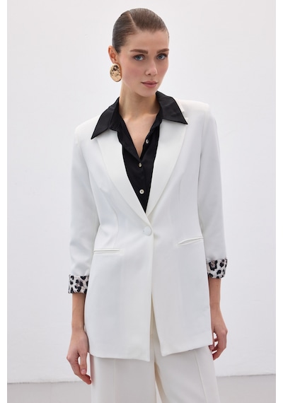 Sateen Mono Yaka Klasik Ceket - Ekru-siyah-136607 Ekru - Siyah