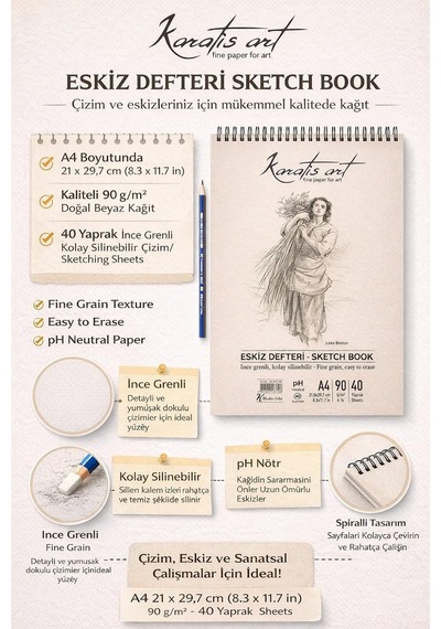Lexroo A4 Eskiz Defteri, İnce Grenli, Kolay Silinebilir Ph Nötr Kağıt, Spiralli Sketch Book, 90 G/m² Çok Renkli