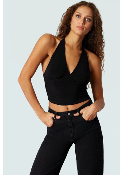 Ersefa Vücuda Oturan Boyundan Bağlamalı Crop Bluz Polyester Elastan Sand siyah
