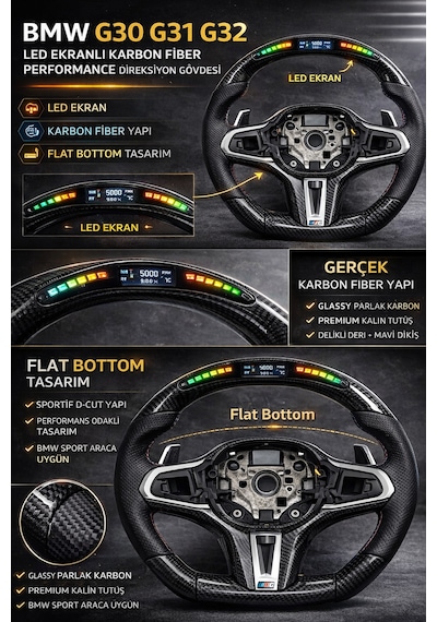 Bmw G30 G31 Karbon Spor Direksiyon Gövdesi Isıtmalı Led Ekranlı Obd Dahil Airbag Paddle Tuş Hariç