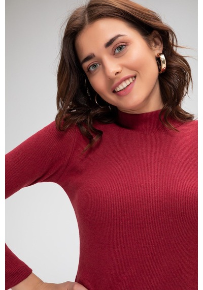 Moda Dua Kadın Bordo Kaşkorse Balıkçı Yaka Uzun Kollu Bodycon Mini Elbise