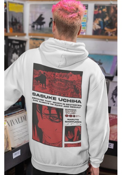 Sevbano Sasuke Uchiha Naruto Anime Sırt Baskılı Unisex Oversize Penye Hoo beyaz