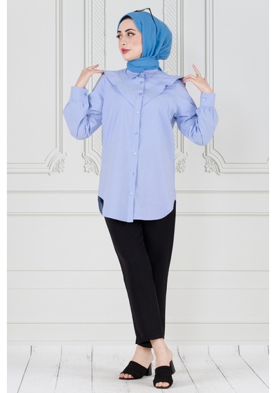 Sevitli Yakası Kat Detaylı Poplin Tunik-bebe Mavi-3655-bebe Mavi Bebek Mavisi