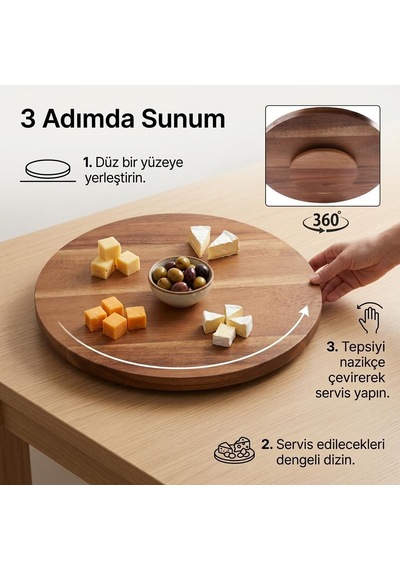 360 Dönerli Akasya Ahşap Sunum Tablası, 30 Cm Çap, 2 Cm Kalınlık, Yuvarlak Servis Tepsisi, Doğal Kahverengi, Kahvaltı, Peynir Ve Atıştırmalık Sunumu İçin, 1 Adet Çok Renkli