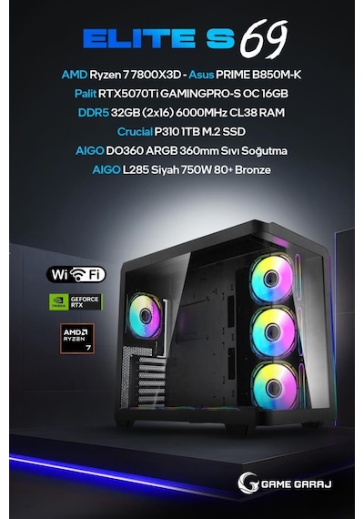 Game Garaj Elite S69 R7-7800X3D 32 GB 1 TB SSD RTX5070Ti Dos Masaüstü Oyuncu Oem Paket Bilgisayarı