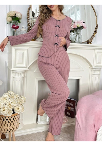 Bella Notte Gül Kurusu Pamuklu Fiyonk Detaylı Uzun Kollu Pijama Takımı Pembe