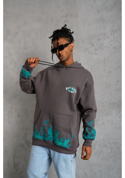 Erkek 3 İplik Pamuklu Alev Baskılı Kapüşonlu Hoodie Sweatshirt - Gri
