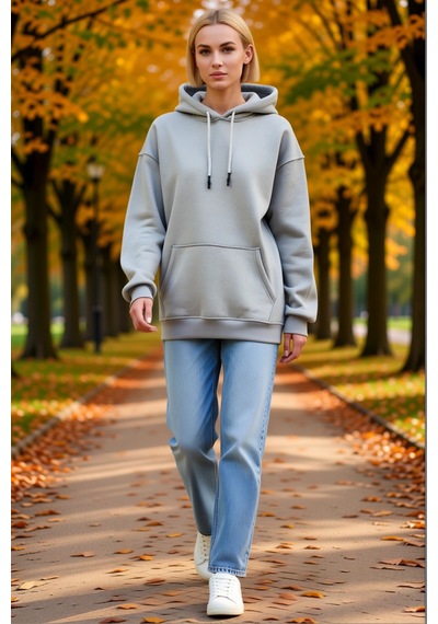 Ersefa Kadın Kapşonlu Üç İplik Penye Basic Sweatshirt Kordonlu Kanguru C Gri