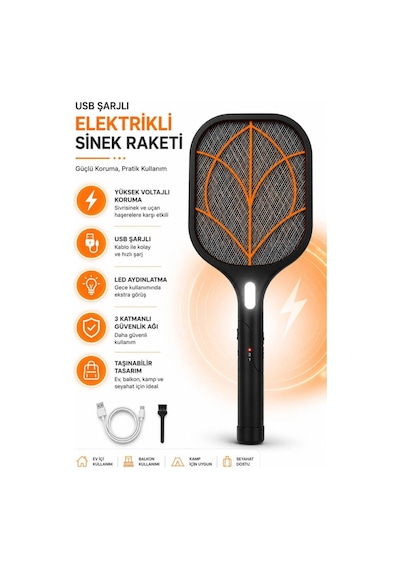 Elektrikli Sinek Raketi Şarjlı, Led Işıklı, 360 Etkili, 15w Güçlü Voltaj, Taşınabilir Sinek Öldürücü Raket