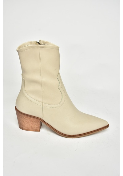 Fox Shoes T356654109 Bej Sivri Burunlu Kalın Topuklu Kadın Bot Bej-suni Deri Bej