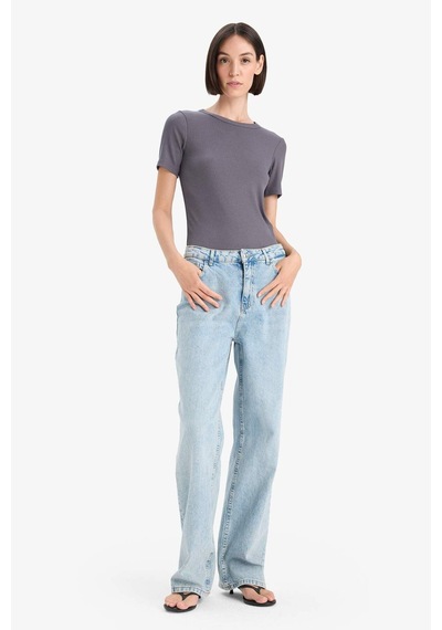 Defacto Slim Fit Dar Kesim Bisiklet Yaka Basic Düz Fitilli Kaşkorse Kısa Kollu Tişört C0097ax25augr448 Gri