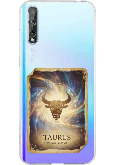 Huawei P Smart S İle Uyumlu Burç Kartları Boğa Tasarımlı Şeffaf Silikon Kılıf Şeffaf