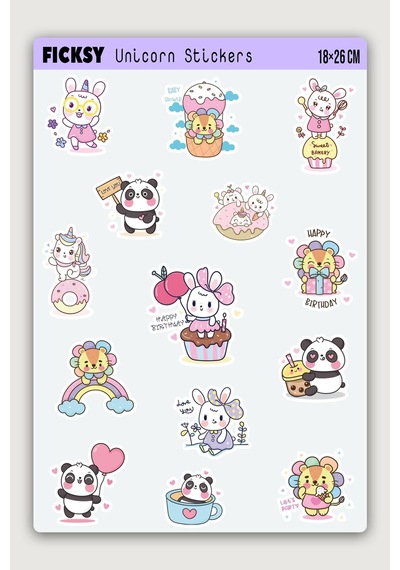 Sevimli Kawaii Unicorn Hayvanlar Doğum Günü Temalı Sticker Seti - 14 Adet Etiket Çıkartma Diğer