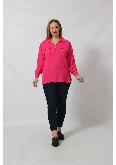Moda Berray 3055 Yaka Fermuarlı Yandan Yırtmaçlı Gömlek Pembe