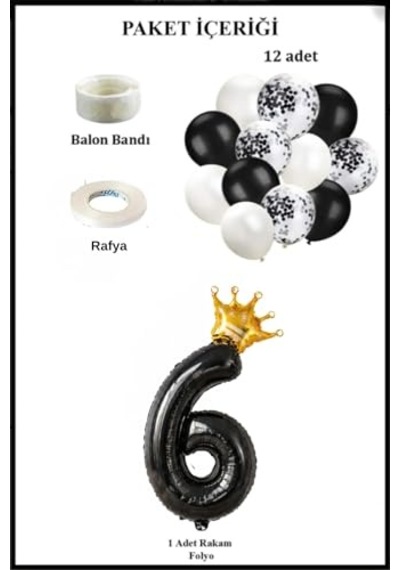 Siyah Folyo Balon, Kral Tacı Ve Konfetili Siyah Balon Set 6 Genel
