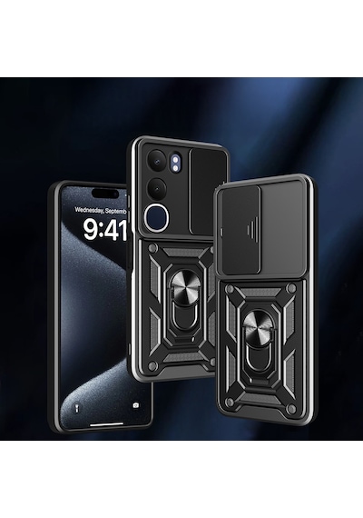 Vivo Y19s Kılıf Magnetik Standlı Kamera Korumalı Zore Sürgülü Vega Kapak Mavi
