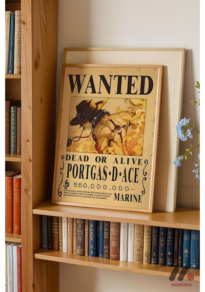 One Piece Portgas D Ace Wanted Poster, Ahşap Çerçeveli Duvar Tablosu - Anime Severlere Özel Hediye