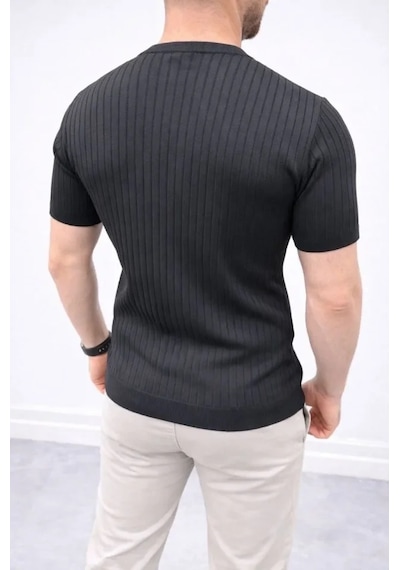 Erkek Kısa Kol Fitilli Triko T-shirt Yazlık Hakim Yaka Tişört - Siyah