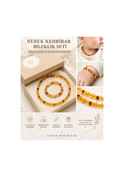 Bebek Kehribar Set Kolye Ve Bileklik Doğal Kehribar Takı Seti Sarı Sarı