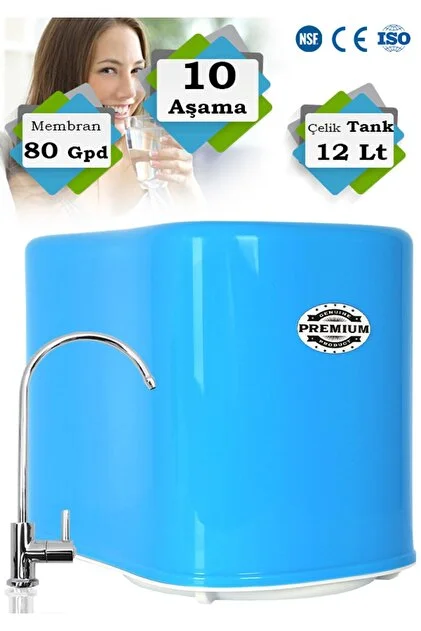 Premium 10 Aşamalı 12 Lt Metal Tanklı Süper Sarım Membran Teknolojili Pompasız Su Arıtma Cihazı -