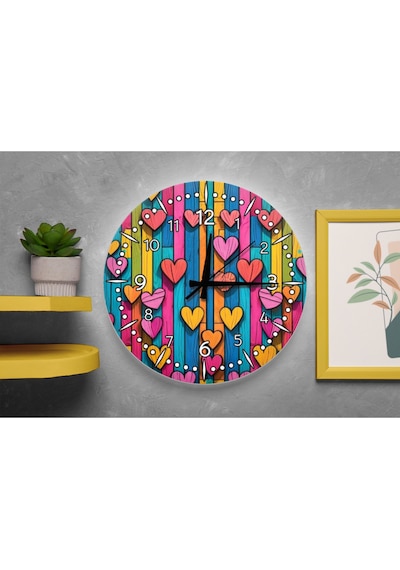 Pop Art Kalpler Ve Ahşap Görünümlü Sessiz Duvar Saati Çok Renkli