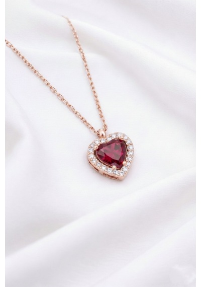 Çekirdekjewelry 925 Ayar Gümüş Rose Kaplama Kalp Kolye Rose Kırmızı