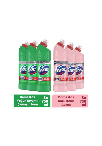 Domestos Beyaz Sabun Ferahlığı Çamaşır Suyu 3 x 750 ML + Domestos Dağ Esintisi Çamaşır Suyu 3 x 750 ML
